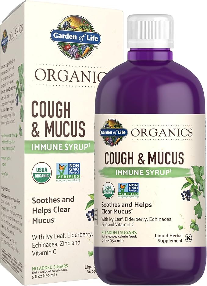 Garden of Life Organics Elderberry Zinc Immune Support for Adults and Kids 12 and Older Organic Cough &amp Mucus Immune Syrup with Ivy Leaf Vitamin C and Echinacea No Added Sugars 5 Fl oz