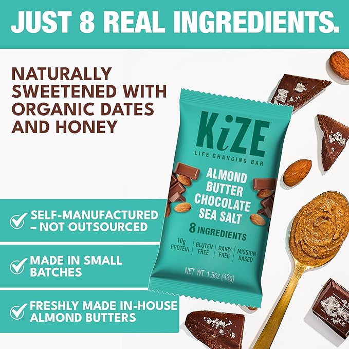 KiZE Energy Bars - Almond Butter Chocolate Sea Salt - Gluten Free Dairy Free Non-GMO &amp High Protein Meal Replacement Energy Bars Clean Food Ingredients - 10g High Protein Snacks (20 Count)