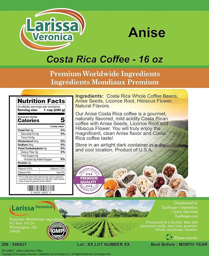Anise Costa Rica Coffee (Gourmet Naturally Flavored Whole Coffee Beans) (16 oz ZIN: 546627)