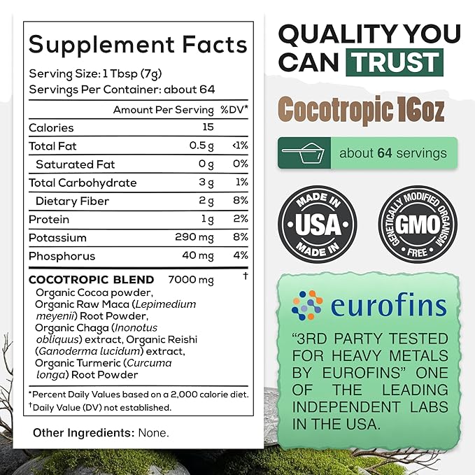 Organic Cocotropic Mushroom Hot Cocoa - Mushroom Coffee Alternative | Sugar Free Hot Chocolate | Organic Cocoa Powder Reishi Mushrooms Chaga Maca Root Turmeric | Delicious Sustained Focus Energy