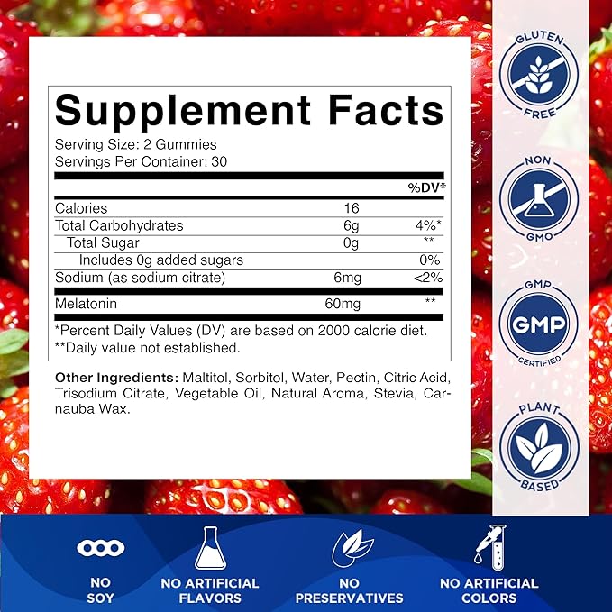 Vitamatic Sugar Free Melatonin 60 mg - 60 Vegetarian Gummies - Non-Habit Forming Supplement (Pack of 2)