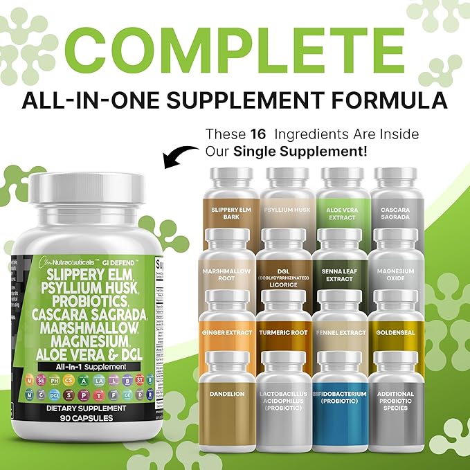 Clean Nutraceuticals Slippery Elm Psyllium Husk Pre Probiotic Digestive Gut Health Supplement with Aloe Vera Cascara Sagrada Marshmallow Root DGL Licorice Senna Extract (Pack of 2)