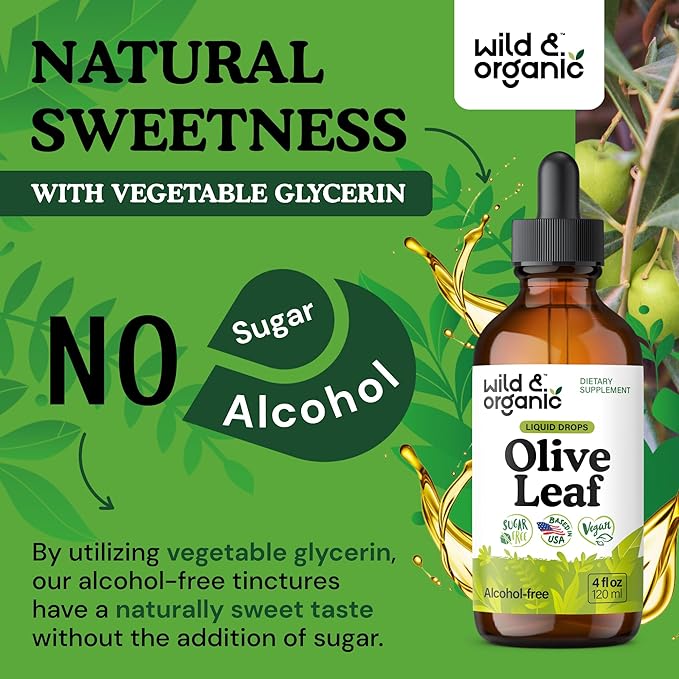 Wild &amp Organic Olive Leaf Extract Liquid Drops - Immune &amp Antioxidant Support - Oleuropein Supplement - Add to Tea Olive Leaf Tincture - Vegan Sugar &amp Alcohol Free - 4 fl oz