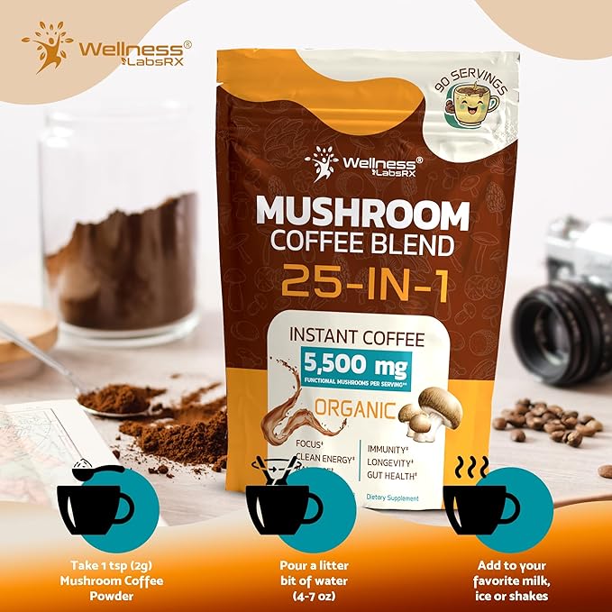 Mushroom Coffee Organic Instant Coffee 25-in-1 Third-Party Tested Keto Friendly Lions Mane Supplement with Functional Mushrooms – Shiitake Reishi Lion’s Mane &amp More | Smooth Rich Flavor - 90