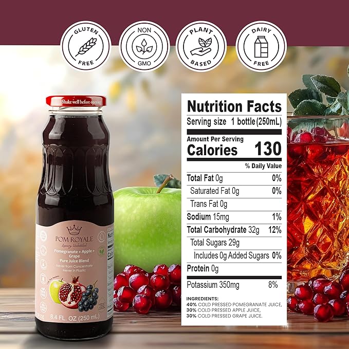 Pure Pomegranate Apple &amp Grape Juice 8.4oz Glass Bottle (Pack of 12) Cold Pressed Juice Not from Concentrate Non-GMO No Sugar Added Gluten Free Preservative Free