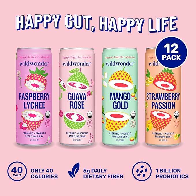 wildwonder Sparkling Probiotic Drink 12pk For Gut Health &amp Immune Support Classic Variety Pack 5g Prebiotic Fiber Live Probiotics Organic Vegan Low Sugar 12 Pack 12oz Can Seen on Shark T