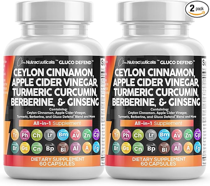 Clean Nutraceuticals Ceylon Cinnamon Capsules + Berberine Turmeric Apple Cider Vinegar Ginseng Bitter Melon Gymnema Milk Thistle Fenugreek Supplement (60 Count (Pack of 2))