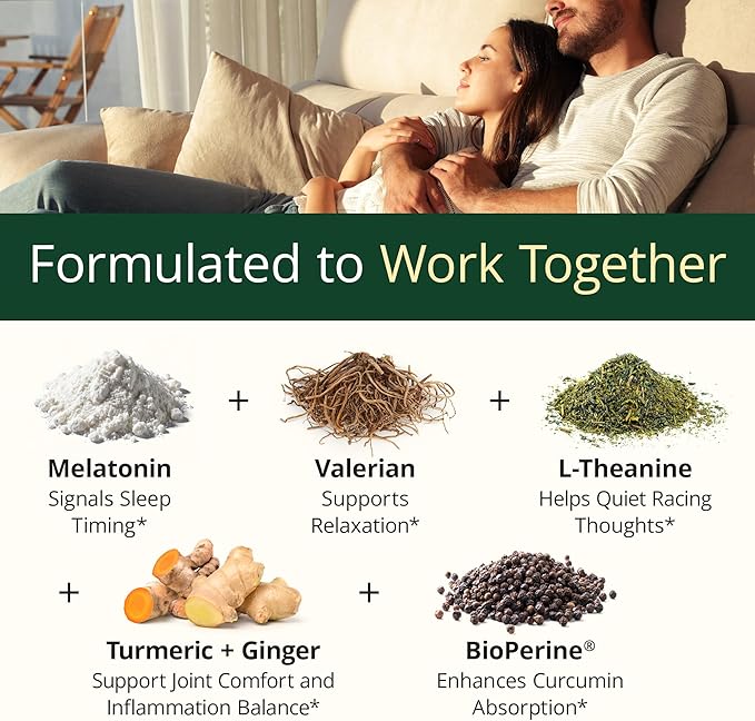 Melatonin 3mg Sleep Aid with L-Theanine &amp Valerian Root – Turmeric Curcumin Supplement with Ginger &amp Black Pepper – Organic Turmeric Supplement for Sleep Calm and Stress Relief Support – 60 C