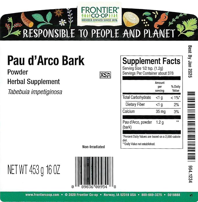 Frontier Co-op PAU d'Arco Bark Powder Ground Natural Herb for PAU d'Arco Tea and Various Herbal Uses Kosher | 16 Ounce (Pack of 1)
