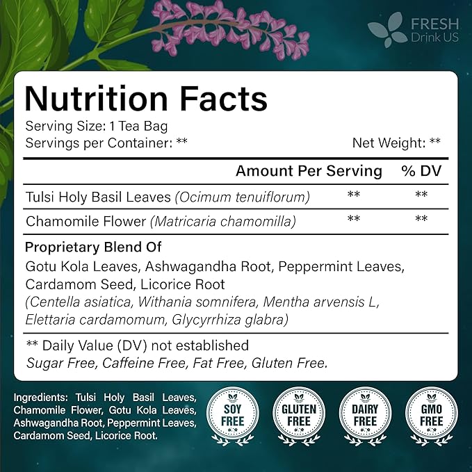 FreshDrinkUS Tulsi Sleep Tea Bags | 75 Tea Bags | Herbal Blend with Tulsi Holy Basil Chamomile Gotu Kola Ashwagandha &amp Peppermint | Naturally Caffeine-Free Relaxing Evening Herbal Tea. Vegan