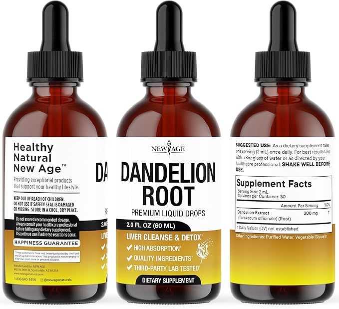 NEW AGE Dandelion Root Extract Drops - Liver Cleanse Detox Support - Dandelion Tincture for Liver Support - Vegan Sugar &amp Alcohol-Free Liquid Supplement - 8 fl oz