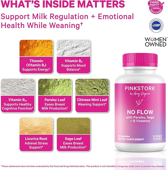 Pink Stork No Flow: Dry Up Breast Milk Supply with Sage Parsley and B Vitamins Postpartum Essentials for Women to Stop Breastfeeding and Decrease Milk Production 60 Capsules