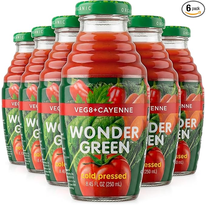 Wonder Green 100% Organic Veg8 + Cayenne Cold Pressed Juice 8.45 oz (6 Pack) | Vegetable Juice Blend All Natural No Additives or Preservatives Not from Concentrate
