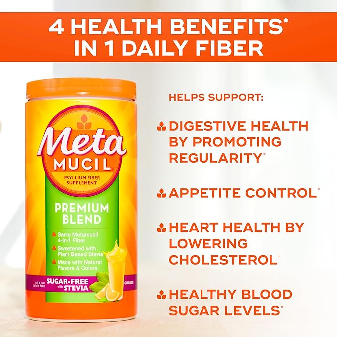 Metamucil Premium Blend 4-in-1 Fiber Supplement for Digestive Health Psyllium Husk Fiber Powder Sugar-Free with Stevia Plant-Based Fiber Supplement Orange Flavored 180 teaspoons (Pack of 4)