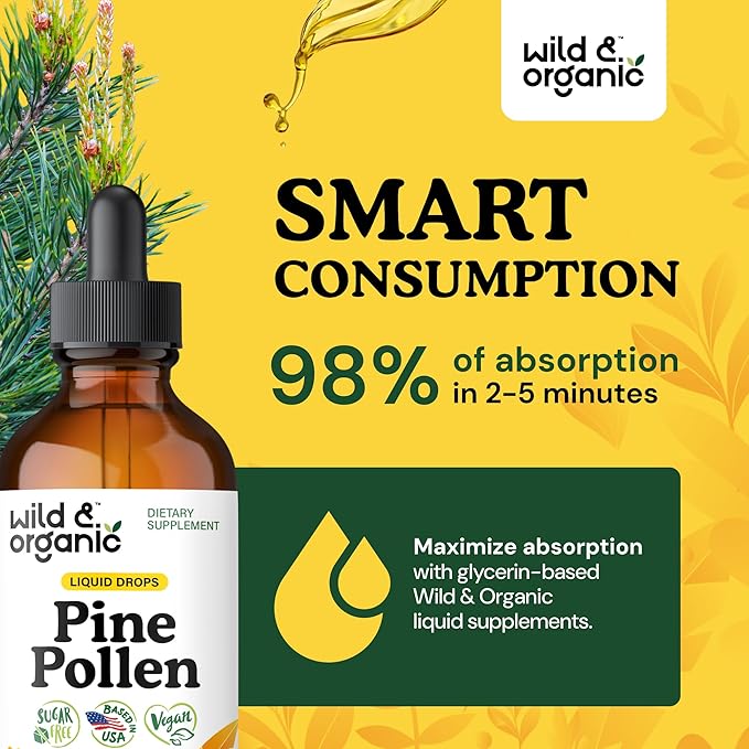 Wild &amp Organic Pine Pollen Tincture - Pine Pollen for Men &amp Women - Add to Tea &amp Drink - Pure Pinus Massoniana Extract Drops - Vegan Sugar &amp Alcohol-Free Liquid Supplement - 4 fl oz