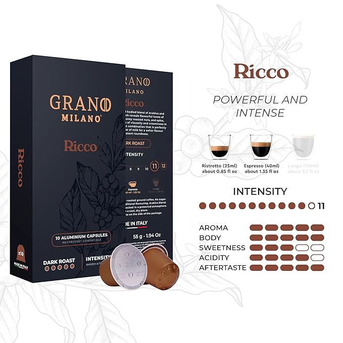 Grano Milano Ricco Coffee Capsules - 100 Aluminum Coffee Pods Compatible with Nespresso Original line Dark Roast - Intensity 11/12 Made in Italy