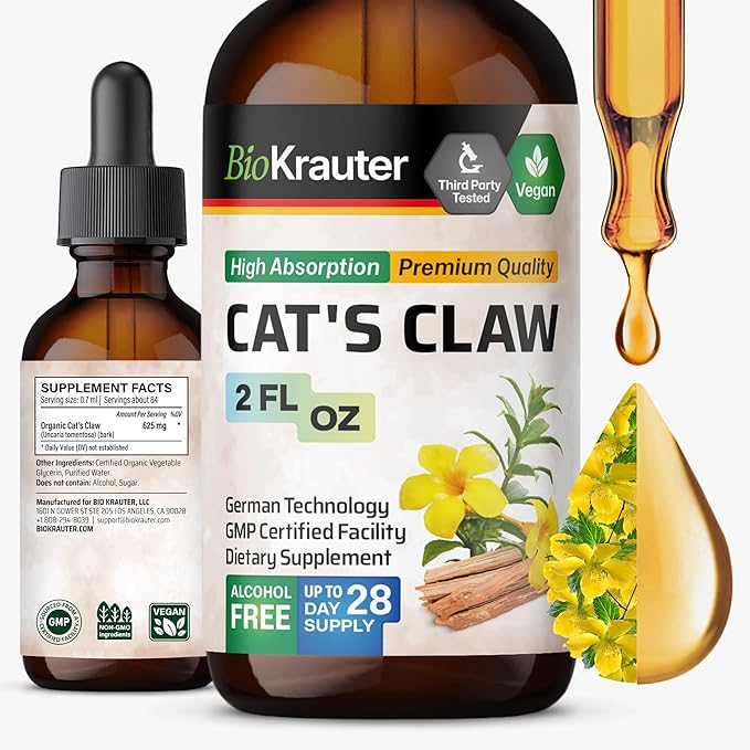 BIO KRAUTER® Cats Claw - Liquid Drops Pure Vegan Cats Claw Herb Supplement 625 mg per Serving 2 Fl.Oz 28-Day Supply - Used for Digestive &amp Immune Support Natural Antioxidant - Alcohol &amp Sugar