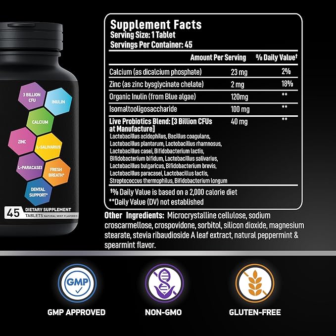 Dental Probiotics for Teeth and Gums - Best Lactobacillus Salivarius Tablets Fight Chronic Bad Breath &amp Restore Good Bacteria- Oral Probiotic Prebiotic Advanced Treatment for Mouth Health - 45 Tab