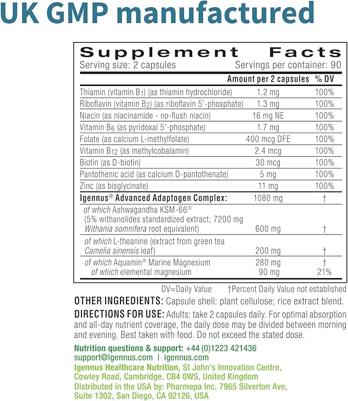 Igennus High Strength Ashwagandha KSM-66 Stress Relief Complex L-Theanine &amp Magnesium &amp Root Extract Adaptogens Methylated B Vitamins Calm &amp Sleep Support Clean Label 180 Fast Acting