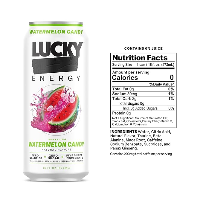 Lucky Energy Sugar Free Energy Drinks Watermelon Candy 16oz Cans (12-Pack) Healthy Zero Sugar Energy Drink with Maca Ginseng Beta-Alanine Taurine &amp 200mg Caffeine