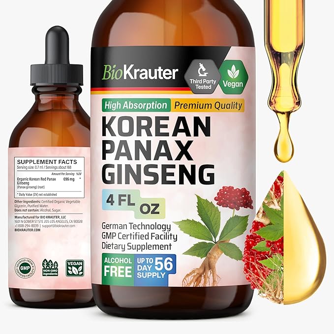 BIO KRAUTER® Ginseng Supplement - Pure Vegan Liquid Drops Korean Red Ginseng 696 mg per Serving 4 Fl.Oz 56-Day Supply - Used for Energy Focus Performance &amp Immune Support - Alcohol &amp Sugar F