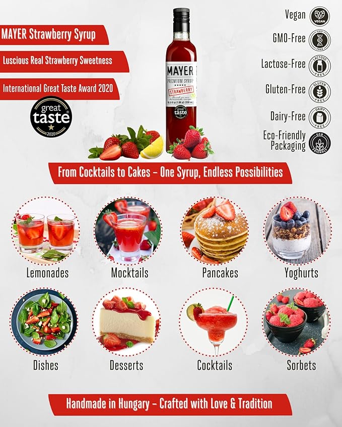 Mayer Strawberry Syrup - Award-Winning Artisanal Fruit Syrup All-Natural Crafted with 100% Real Fruits Vegan Gluten-Free – Perfect Coffee Syrup Cocktails &amp Dessert Topping (2 Pack)
