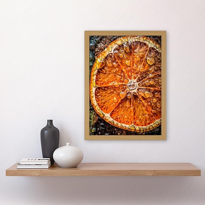 Artery8 Orange Slice with Juice Droplets Macro Painting Artwork Framed A3 Wall Art Print