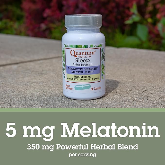 Quantum Health Extra Strength Sleep Melatonin 5mg Healthy Restful Sleep Support with Relaxing Valerian Root &amp L Theanine Daily Mind &amp Body Well Being for Women &amp Men - 30 Capsules