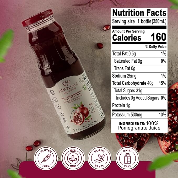 Pure Pomegranate Juice No Pulp 8.4 Ounce Glass Bottle (Pack of 15) Cold Pressed Juice Not from Concentrate Non-GMO No Sugar Added Gluten Free Kosher Certified Preservative Free