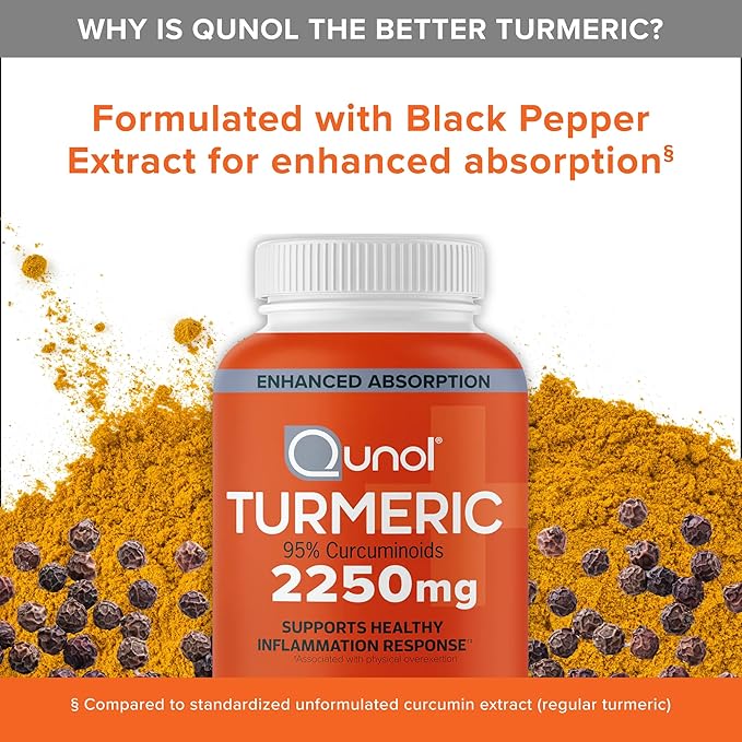 Qunol Turmeric Curcumin with Black Pepper 2250mg Turmeric Extract with 95% Curcuminoids Extra Strength Turmeric Supplement Enhanced Absorption Joint Support Supplement 150 Vegetarian Capsules