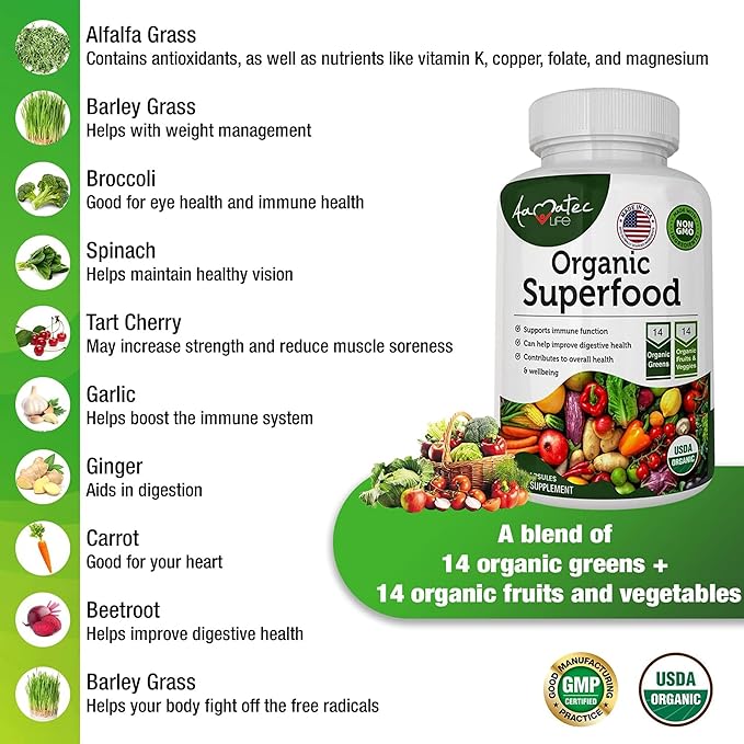 Organic Superfood Greens Fruits and Veggies Complex - Best Dietary Supplement with 14 Greens and 14 Fruits &amp Vegetables with Alfalfa &amp Antioxidant Organic Ingredients Non-GMO 240 Capsules