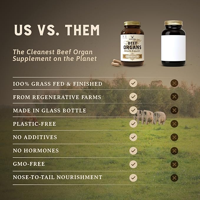 HEART &amp SOIL – 100% Grass Fed &amp Finished Beef Organs from Regenerative Cattle with Liver Heart Kidney Pancreas &amp Spleen – 3000mg Beef Organ Supplement for Women &amp Men – Glass Bottle