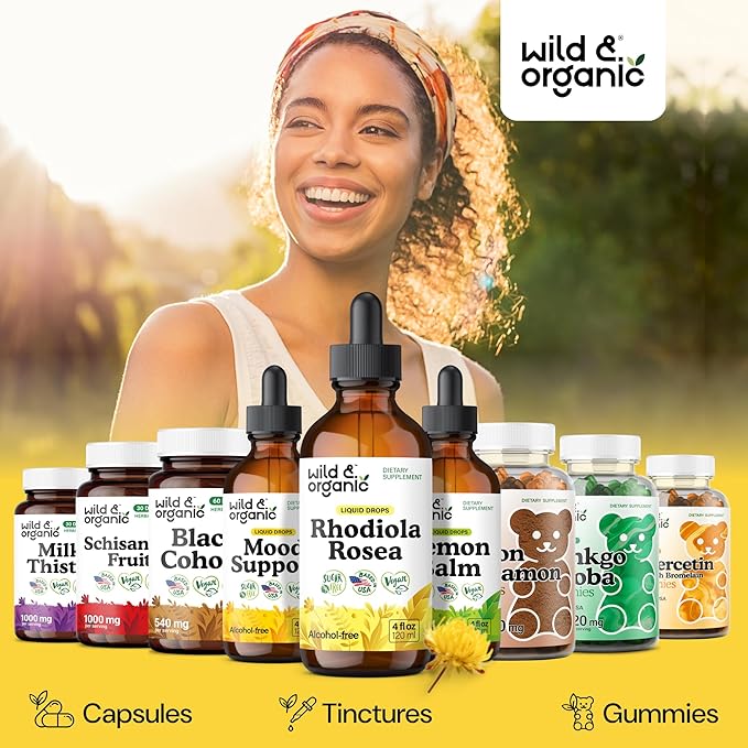 Wild &amp Organic Rhodiola Rosea Tincture - Rhodiola Rosea Supplement for Mood Support - Relaxing Root Extract Liquid Drops - Vegan Sugar &amp Alcohol-Free - 4 fl oz