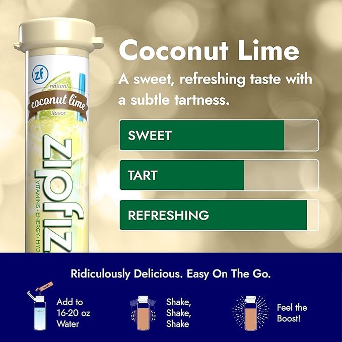 Zipfizz Daily Energy Drink Powder Coconut Lime 20 Pack | 3-in-1 Sustained Energy Rapid Hydration and Essential Vitamins | Sugar-Free | Electrolyte Powder | Contains Vitamin B-12 &amp Antioxidants
