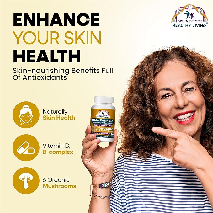 Cancer Sciences Skin Wellness Supplement USDA Certified Organic Extract Mushrooms Supplement Extra Strength 1500 mg High Potency 40% Beta-Glucans Immune Support Glowing Complexion 120 Capsules