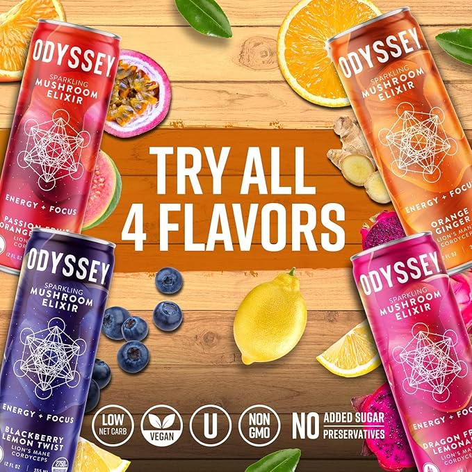 Odyssey Elixir Sparkling Adaptogen Drink Low Calorie Drinks with L Theanine Lions Mane Cordyceps and Green Tea Caffeine for Energy and Focus Non-GMO Vegan12 Fl oz 4 Pack (Orange Ginger)
