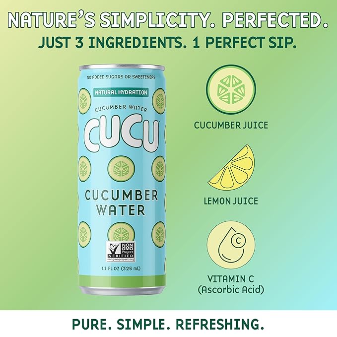CUCU Pressed Cucumber Water – Real Juice from Fresh Cucumbers with Vitamin C Electrolytes &amp Antioxidants – No Sugar Added Non-GMO – 11 fl oz 12-Pack
