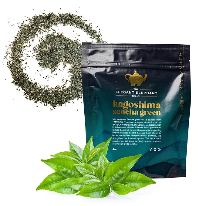 Japanese Sencha Green Tea Organic Loose Leaf Sencha Tea – Antioxidant &amp Detox Support – Refreshing Hot or Iced Green Tea – 4 oz Resealable Bag (Makes 50 Cups) – The Elegant Elephant