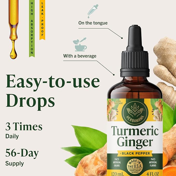 HERBAMAMA Turmeric and Ginger Supplement - Vegan Immune Complex with Liquid Turmeric with Ginger and Black Pepper Extract - Non-GMO Alcohol &amp Sugar-Free Immunity Drops - 56-Day Supply