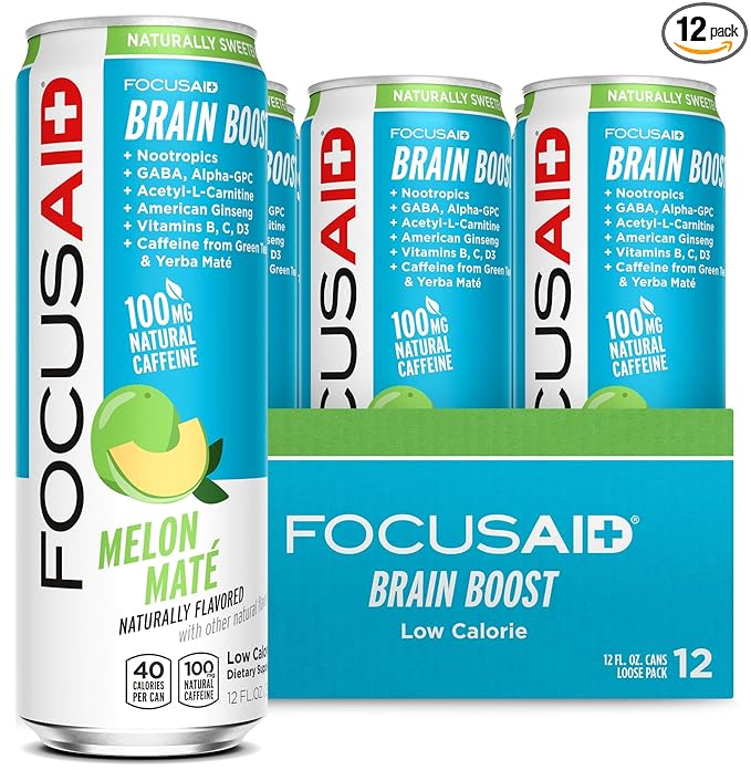 FOCUSAID Energy Blend Brain Boosting Nootropics Drink Alpha-GPC GABA B-Complex Yerba Mate Green Tea 100% Clean 100mg Natural Caffeine 12-oz. can 12 Pack