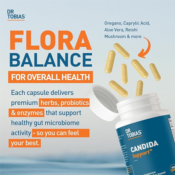 Dr. Tobias Candida Support Gut Flora Balance Complex with Oregano Caprylic Acid Enzymes &amp Probiotics Support Intestinal Detox Cleanse &amp Gut Health for Women &amp Men 60 Capsules 30 Serv