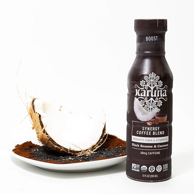 Karuna Whole Plant Synergy Organic Coffee Blend Energy Boost Pack Black Sesame and Coconut Flavor 60mg Caffeine Non-GMO Gluten-Free 12 Fl Oz (6-Pack)