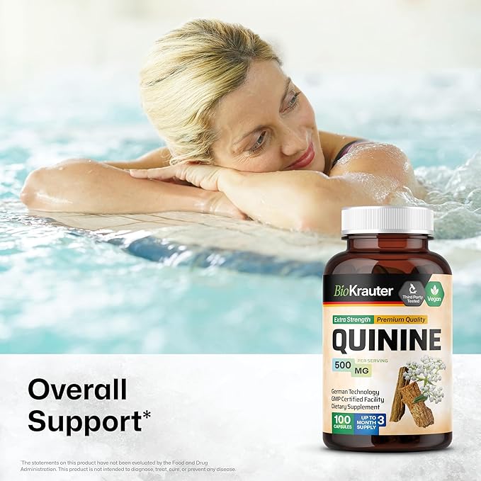 BIO KRAUTER Quinine for Leg Cramps Capsules 500 mg - 100 Count - Cinchona Bark Powder - Quinine Capsules - Vegan No Fillers