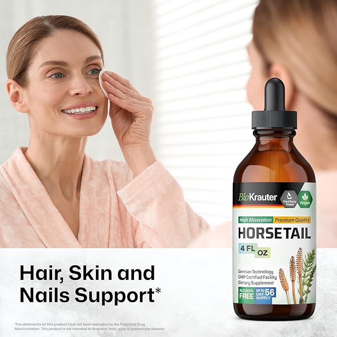 BIO KRAUTER® Horsetail Supplement for Hair Skin &amp Nails - Vegan &amp Pure Horsetail Herb Liquid Drops 660 mg per Serving 4 Fl.Oz. - Silica Hair Supplement - Alcohol &amp Sugar Free - 56 Days of