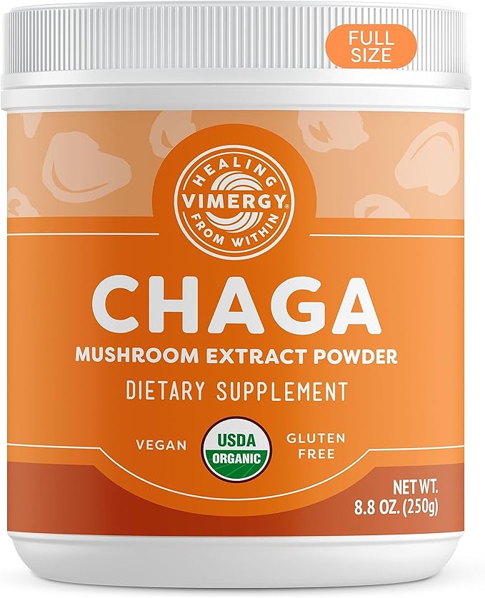 VIMERGY USDA Organic Wild Chaga Mushroom Extract Powder 166 Servings – Ideal in Chaga Tea Coffee Smoothies – Cardiovascular Support - Kosher Vegan No Gluten Paleo - Pure Chaga No Fillers (250g)