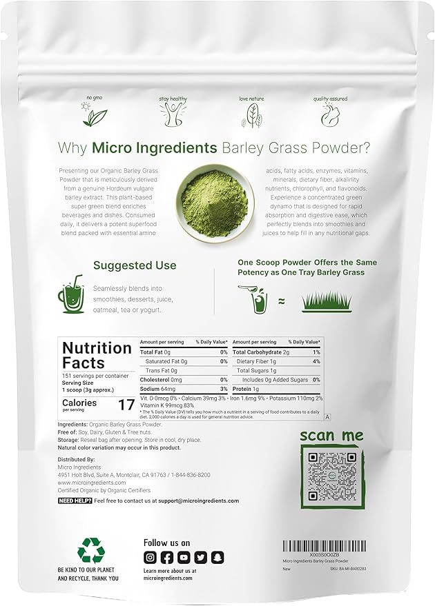 Organic Barley Grass Powder 16 Ounces | US Grown | Rich in Vitamins Minerals Fibers &amp Antioxidants | Superfood Greens Mix for Immune Health and Digestion Support | Non-GMO