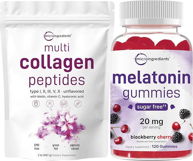 Micro Ingredients Melatonin Gummies &amp 8-in-1 Multi Collagen | Bundle | Sugar-Free BlackBerry Cherry Flavor | Non-Habit-Forming Ingredients | Hydrolyzed Peptides + Biotin Hyaluronic Acid &amp Vit