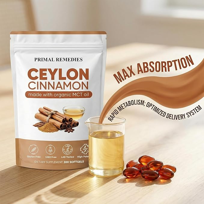 Primal Remedies Ceylon Cinnamon - 300 Softgels with MCT Oil Highly Bioavailable Non-GMO Gluten Free Vegan Capsules for Blood Sugar &amp Metabolism Support (1)