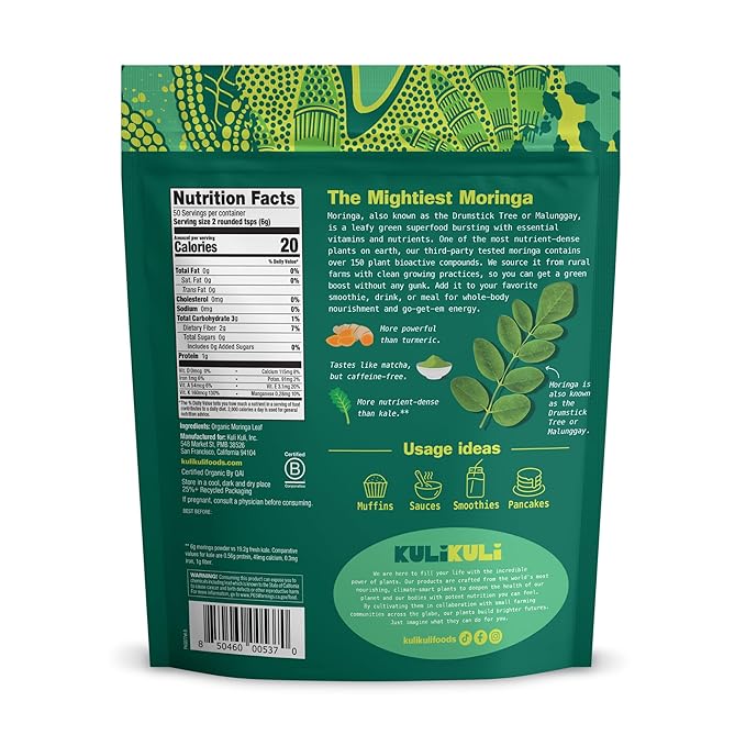 Kuli Kuli Moringa Oleifera Organic Leaf Powder &amp Green Smoothie 100% Pure USDA Certified &amp Non-GMO Moringa Powder Great with Smoothies Tea and Food - Single Pack 10.6 oz