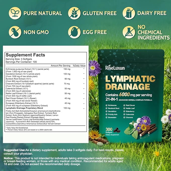 21-in-1 Liposomal Lymphatic Drainage Supplements 100 Day Supply 6000mg Lymph System Support for Women &amp Men with Echinacea Dandelion Burdock Bromelain Calendula Turmeric &amp More 300 Sof